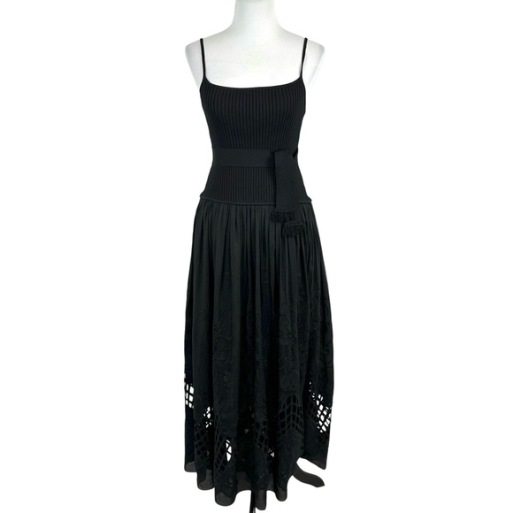 LOVE BINETTI Esperanza Black Tie-Waist Lattice Embroidered Maxi Dress Medium
